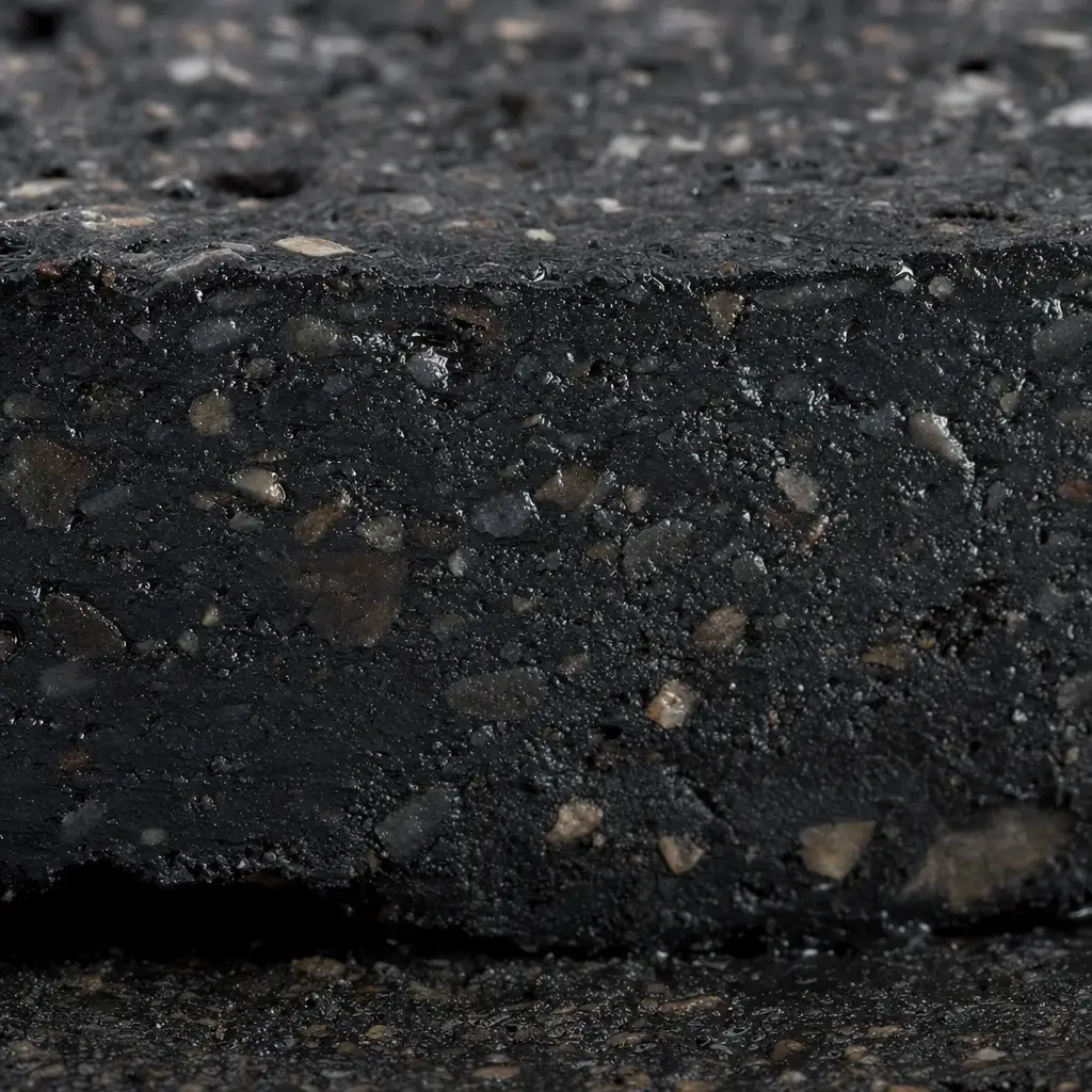 Close-up of a cut face of dense black rubberized asphalt