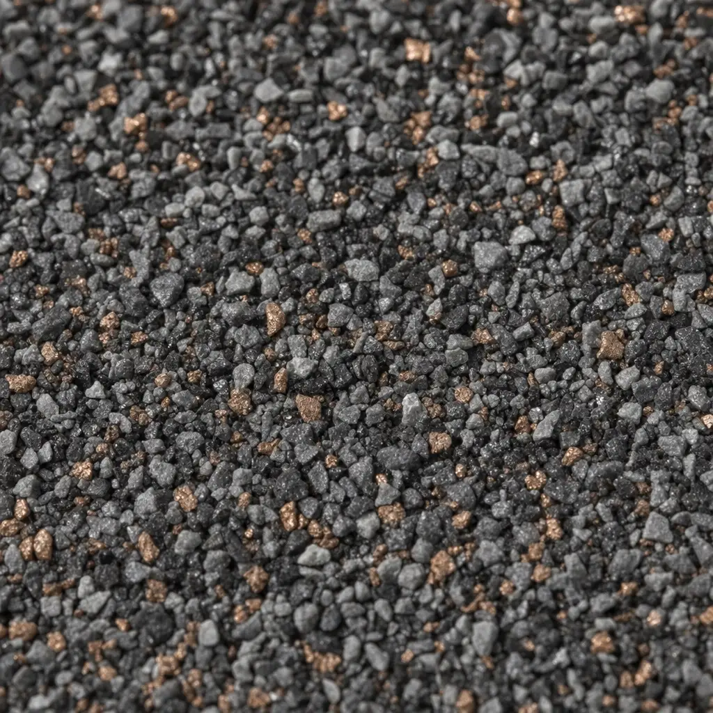 Close-up of dark shingle granules flecked with copper