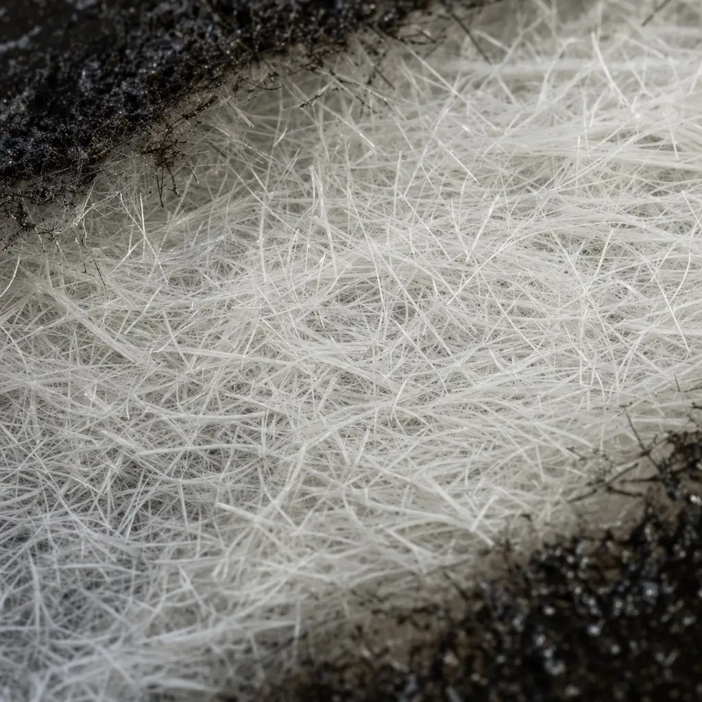 Close-up of white fiberglass mat fibers edged with asphalt
